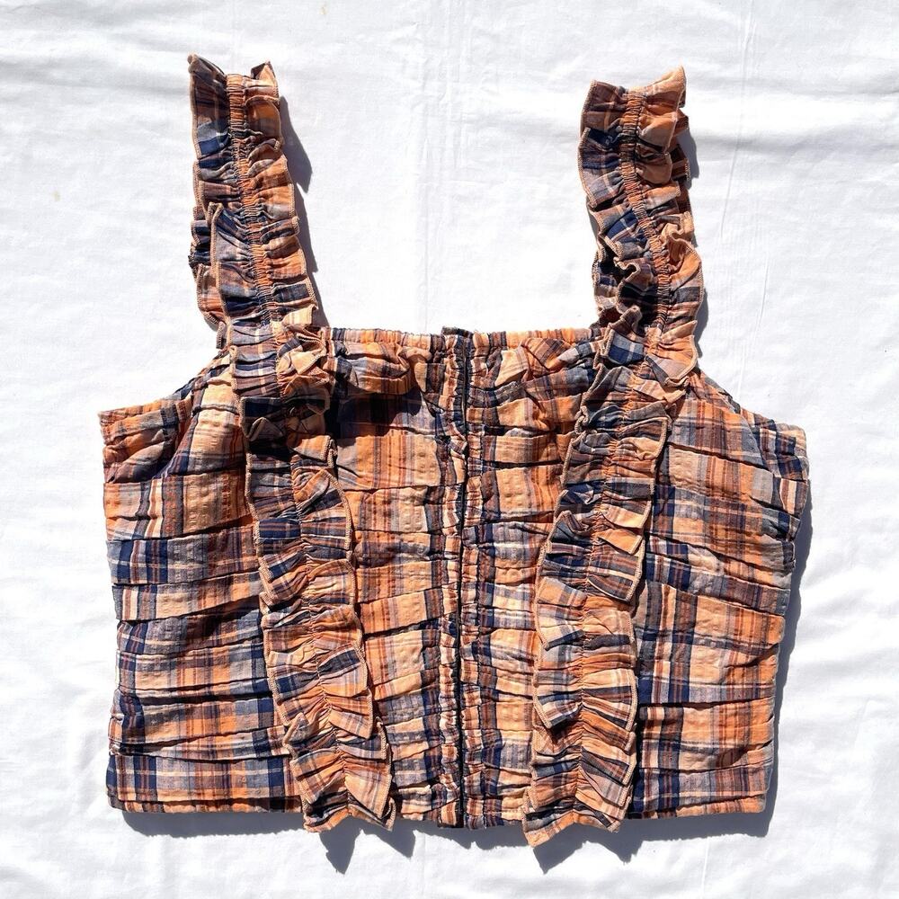 Verb Pallavi Singhee Ruffled Plaid Top Womens Small Blue Orange Crop Tank